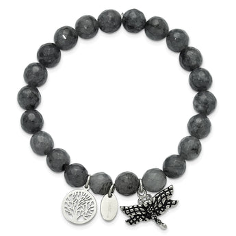 Stainless Steel Antiqued & Polished Dragonfly Grey Dyed Jade Bracelet - Birthstone Company