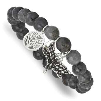 Stainless Steel Antiqued & Polished Dragonfly Grey Dyed Jade Bracelet - Birthstone Company