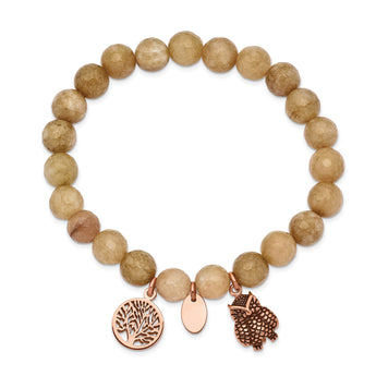 Stainless Steel Antiqued & Polished Rose IP Owl Taupe Dyed Jade Bracelet - Birthstone Company