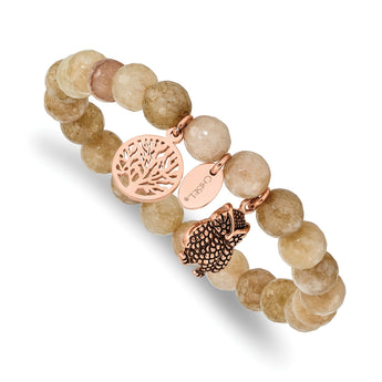 Stainless Steel Antiqued & Polished Rose IP Owl Taupe Dyed Jade Bracelet - Birthstone Company