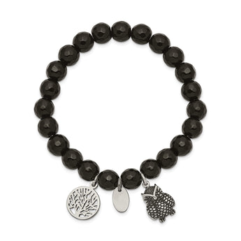 Stainless Steel Antiqued & Polished Owl Black Jade Stretch Bracelet - Birthstone Company