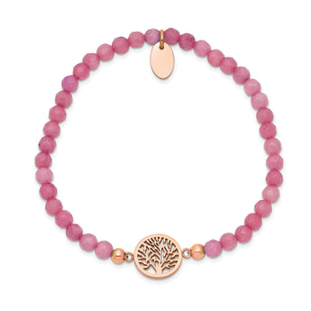Stainless Steel Polished Rose IP Tree of Life Red Jade Stretch Bracelet - Birthstone Company