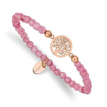 Stainless Steel Polished Rose IP Tree of Life Red Jade Stretch Bracelet - Birthstone Company