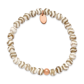 Stainless Steel Polished Rose IP White Wave Agate Stretch Bracelet - Birthstone Company