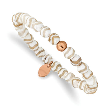 Stainless Steel Polished Rose IP White Wave Agate Stretch Bracelet - Birthstone Company