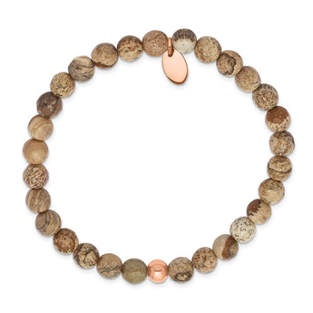 Stainless Steel Polished Rose IP-plated Brown Jasper Stretch Bracelet - Birthstone Company