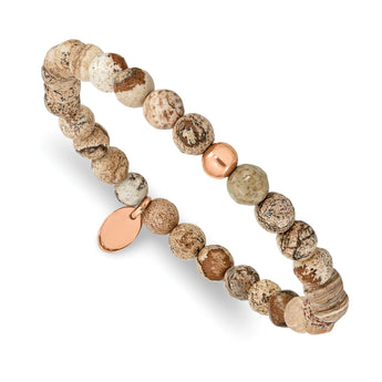 Stainless Steel Polished Rose IP-plated Brown Jasper Stretch Bracelet - Birthstone Company