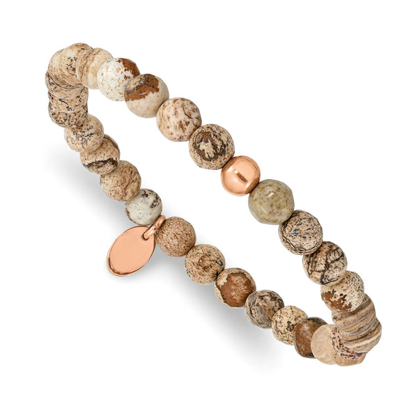 Stainless Steel Polished Rose IP-plated Brown Jasper Stretch Bracelet - Birthstone Company