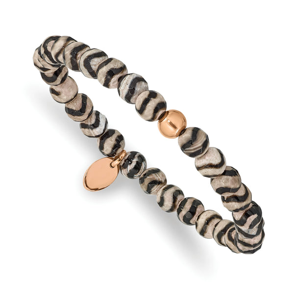 Stainless Steel Polished Rose IP Black and White Agate Stretch Bracelet - Birthstone Company