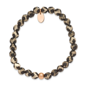 Stainless Steel Polished Rose IP Black and White Agate Stretch Bracelet - Birthstone Company