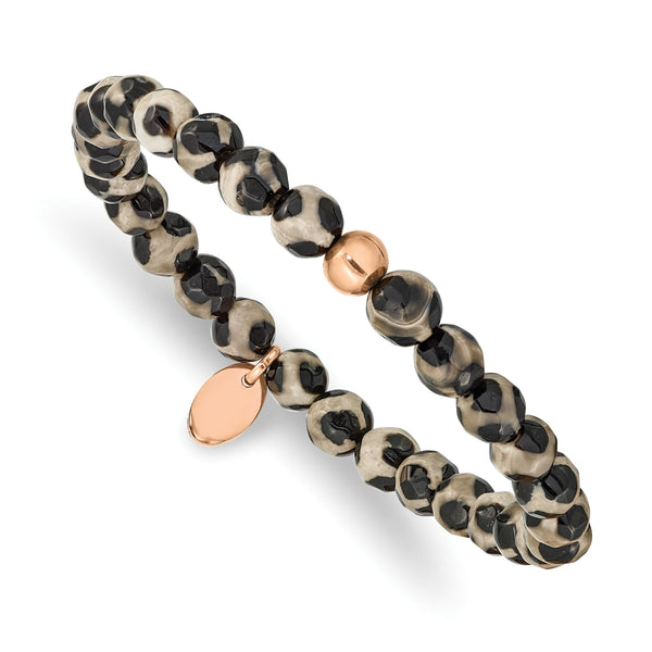 Stainless Steel Polished Rose IP Black and White Agate Stretch Bracelet - Birthstone Company