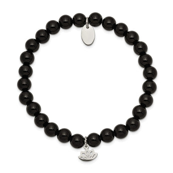 Stainless Steel Polished Lotus Black Agate Beaded Stretch Bracelet - Birthstone Company