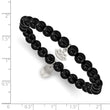 Stainless Steel Polished Lotus Black Agate Beaded Stretch Bracelet - Birthstone Company