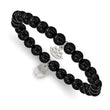 Stainless Steel Polished Lotus Black Agate Beaded Stretch Bracelet - Birthstone Company