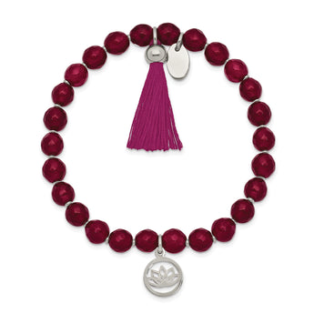 Stainless Steel Polished Lotus w/Tassel Pink Jade Beaded Stretch Bracelet - Birthstone Company