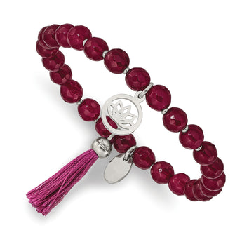 Stainless Steel Polished Lotus w/Tassel Pink Jade Beaded Stretch Bracelet - Birthstone Company
