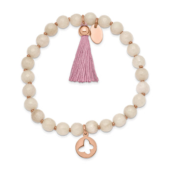 Stainless Steel Polished Rose IP Butterfly Pink Agate Beaded Stretch Bracel - Birthstone Company