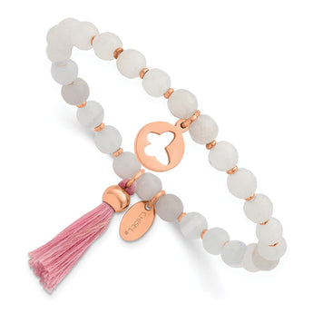 Stainless Steel Polished Rose IP Butterfly Pink Agate Beaded Stretch Bracel - Birthstone Company