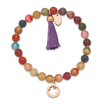 Stainless Steel Polished Rose IP Clover Multi Color Agate Stretch Bracelet - Birthstone Company