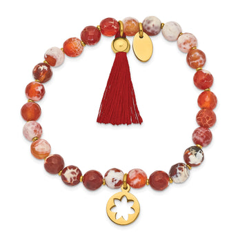 Stainless Steel Polished Yellow IP Flower Orange Agate Stretch Bracelet - Birthstone Company