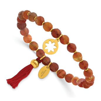 Stainless Steel Polished Yellow IP Flower Orange Agate Stretch Bracelet - Birthstone Company