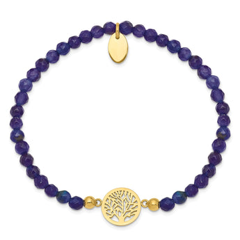 Stainless Steel Polished Yellow IP Tree of Life Blue Jade Stretch Bracelet - Birthstone Company