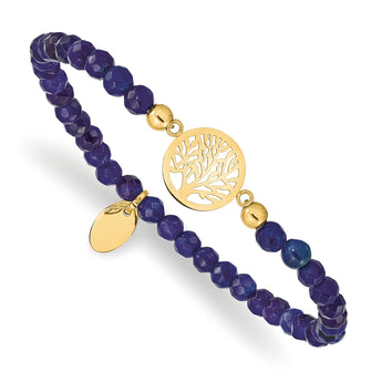Stainless Steel Polished Yellow IP Tree of Life Blue Jade Stretch Bracelet - Birthstone Company