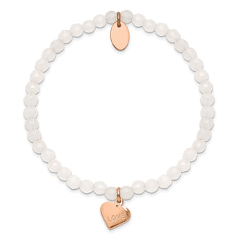Stainless Steel Polished Rose IP-plated LOVE Heart Jade Stretch Bracelet - Birthstone Company