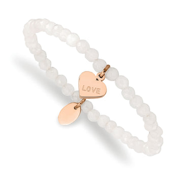 Stainless Steel Polished Rose IP-plated LOVE Heart Jade Stretch Bracelet - Birthstone Company