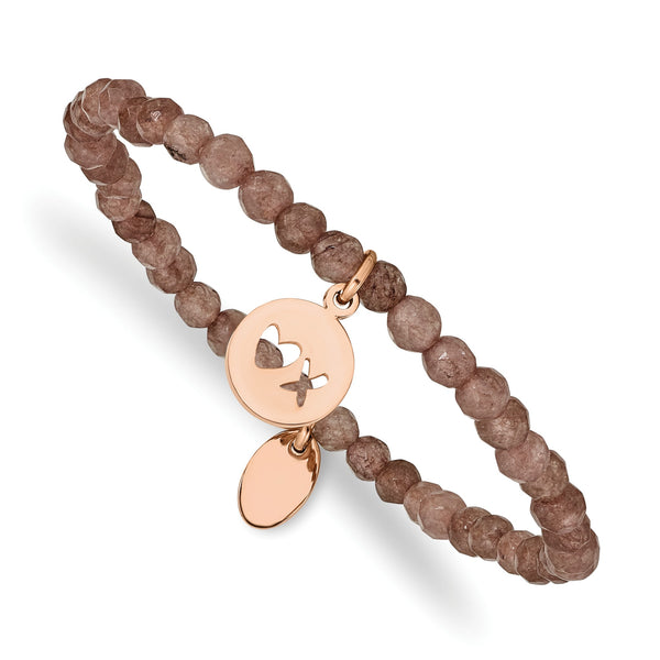 Stainless Steel Polished XO Rose IP-plated Brown Jade Stretch Bracelet - Birthstone Company