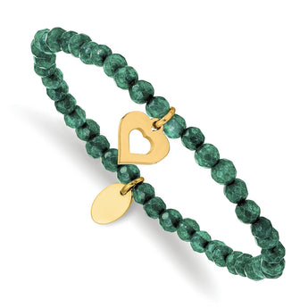 Stainless Steel Polished Heart Yellow IP Green Jade Stretch Bracelet - Birthstone Company