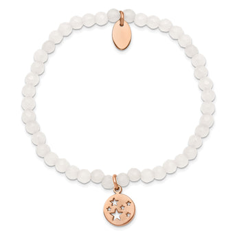Stainless Steel Polished Rose IP Stars White Jade Beaded Stretch Bracelet - Birthstone Company