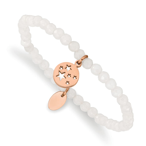 Stainless Steel Polished Rose IP Stars White Jade Beaded Stretch Bracelet - Birthstone Company