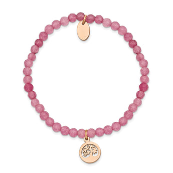 Stainless Steel Polished Rose IP Tree Pink Jade Beaded Stretch Bracelet - Birthstone Company