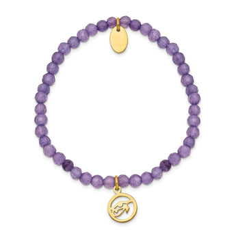 Stainless Steel Polished Yellow IP Eye of Horus Purple Jade Stretch Bracele - Birthstone Company