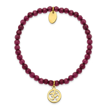 Stainless Steel Polished Yellow IP OHM Purple Jade Stretch Bracelet - Birthstone Company