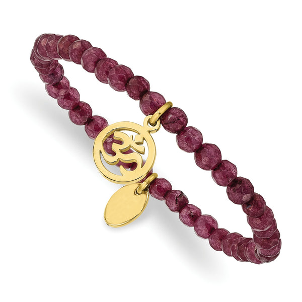 Stainless Steel Polished Yellow IP OHM Purple Jade Stretch Bracelet - Birthstone Company