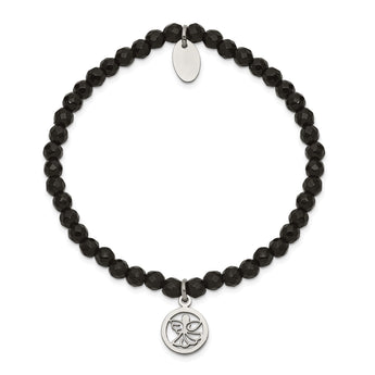 Stainless Steel Polished Angel Black Jade Beaded Stretch Bracelet - Birthstone Company
