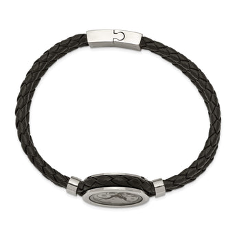 Stainless Steel Brushed & Polished Yellow IP w/CZ & Leather 8.5in Bracelet - Birthstone Company