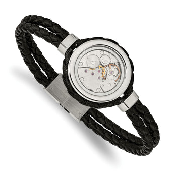 Stainless Steel Brushed & Polished Yellow IP w/CZ & Leather 8.5in Bracelet - Birthstone Company