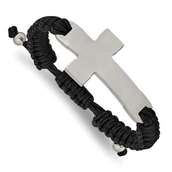 Stainless Steel Brushed and Polished Black Nylon Adjustable Cross Bracelet - Birthstone Company