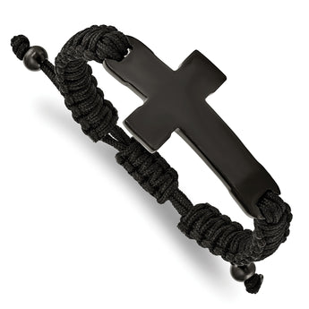Stainless Steel Polished Black IP Black Nylon Adjustable Cross Bracelet - Birthstone Company