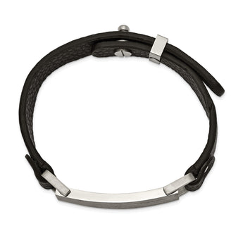 Stainless Steel Polished Scratch Finished Adjustable Black Leather Bracelet - Birthstone Company