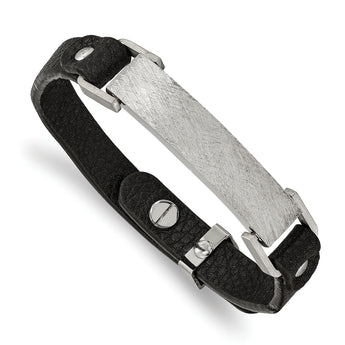 Stainless Steel Polished Scratch Finished Adjustable Black Leather Bracelet - Birthstone Company