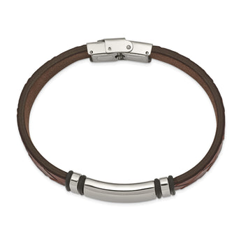 Stainless Steel Polished Brown Faux Leather With Black Rubber ID Bracelet - Birthstone Company