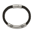 Stainless Steel Antiqued and Polished Black Leather 8.25in ID Bracelet - Birthstone Company