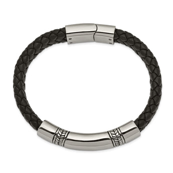 Stainless Steel Antiqued and Polished Black Leather 8.25in ID Bracelet - Birthstone Company