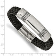 Stainless Steel Antiqued and Polished Black Leather 8.25in ID Bracelet - Birthstone Company
