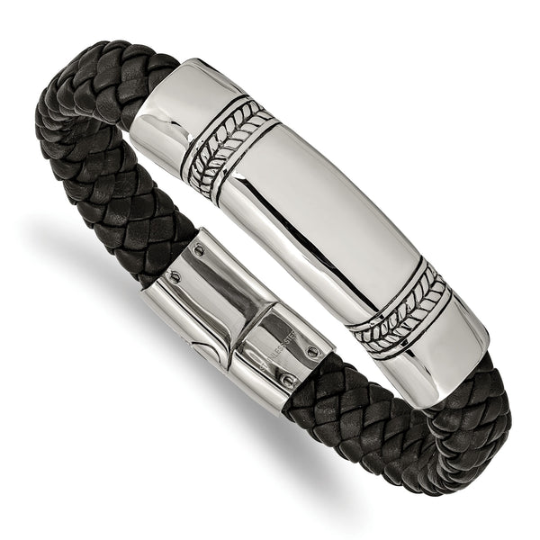 Stainless Steel Antiqued and Polished Black Leather 8.25in ID Bracelet - Birthstone Company
