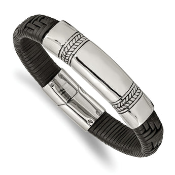 Stainless Steel Antiqued and Polished Black Leather 8.25in ID Bracelet - Birthstone Company